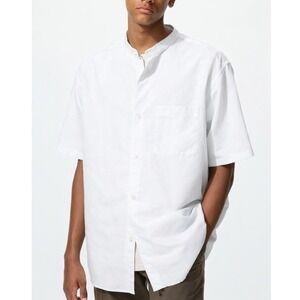 Uniqlo Band Collar Linen Cotton Short Sleeve Button Shirt Men M White Relaxed